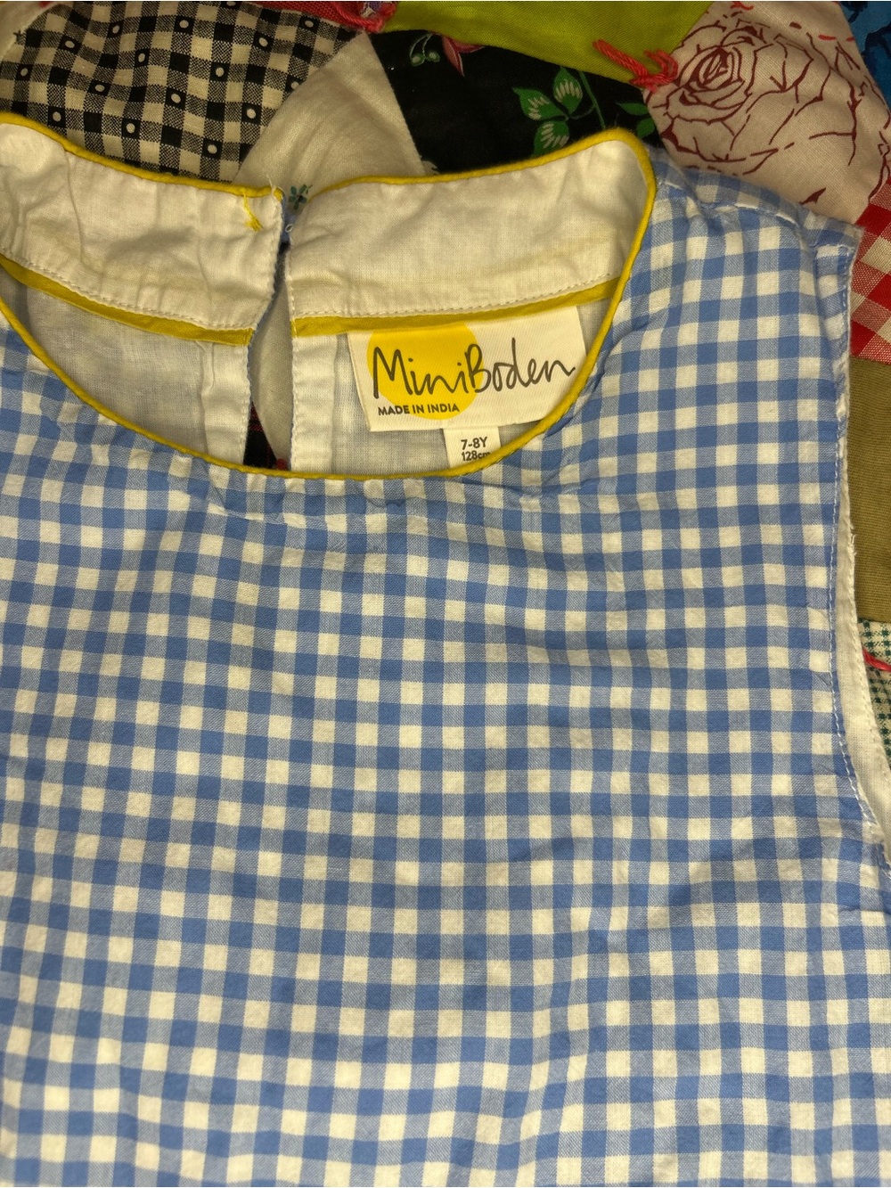 Mini Boden Light Blue Gingham Tiered Dress with Multicolor Scallop Trim - Picture 2 of 5
